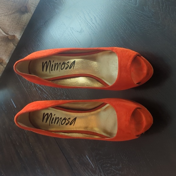 Mimosa Orange Suede Open Toe Pumps - Picture 2 of 5